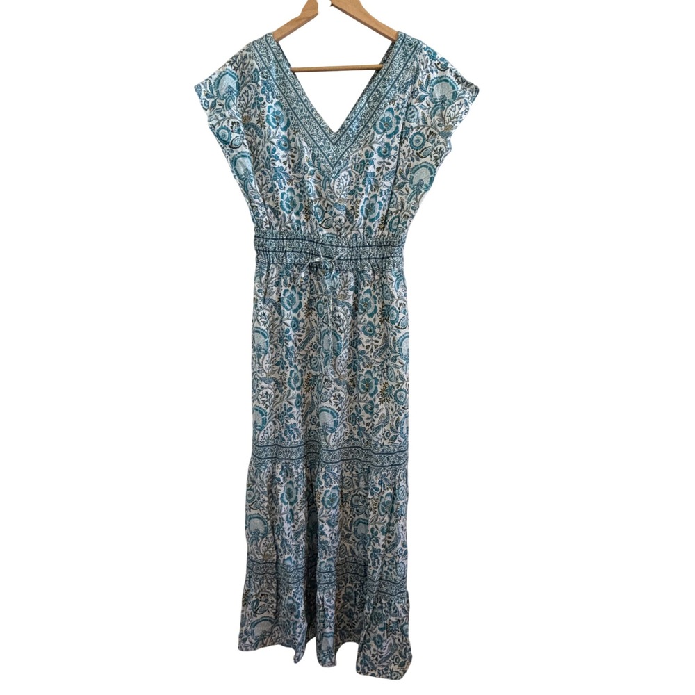 Rachel Zoe Blue Floral Paisley Linen Blend V-Neck Tiered Maxi Dress Small